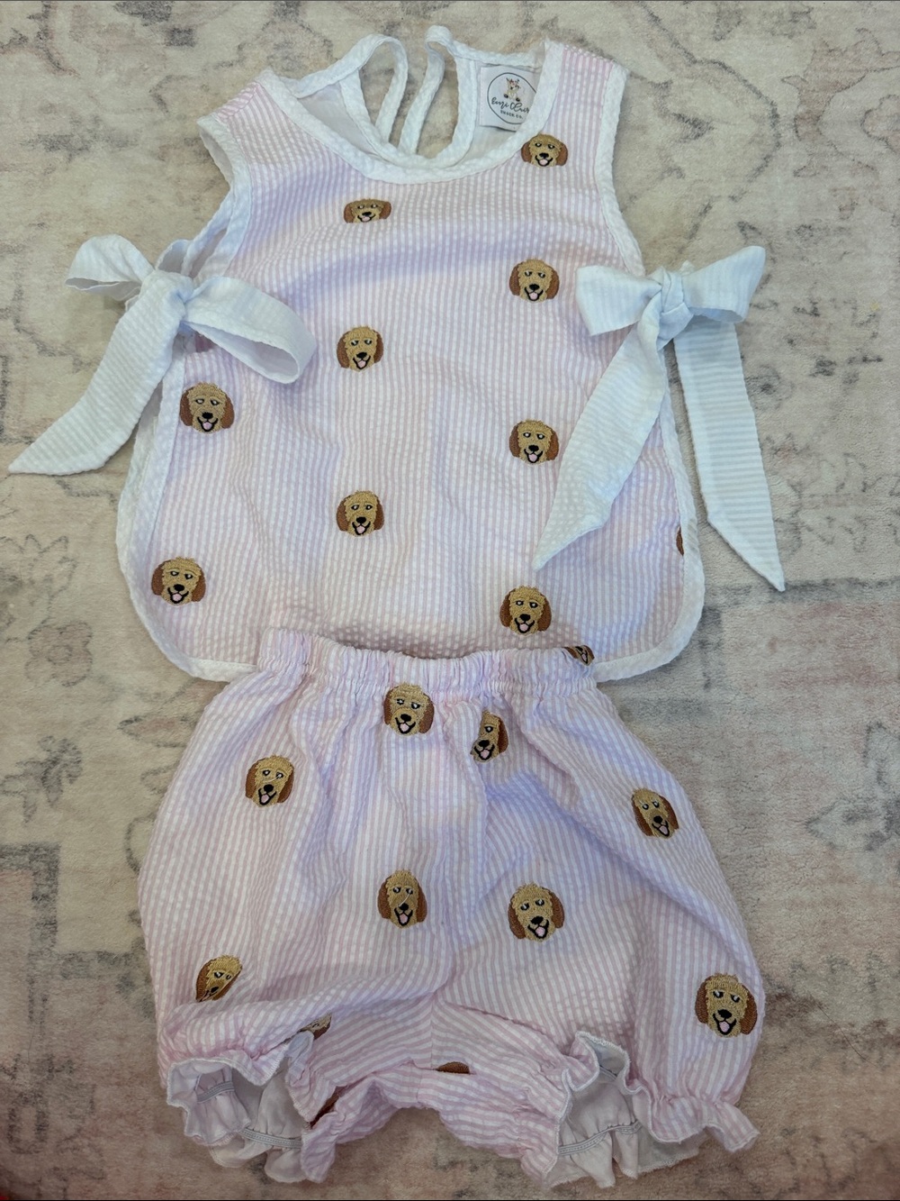 Baby Girls Pink Puppy Seersucker Two-Piece Set